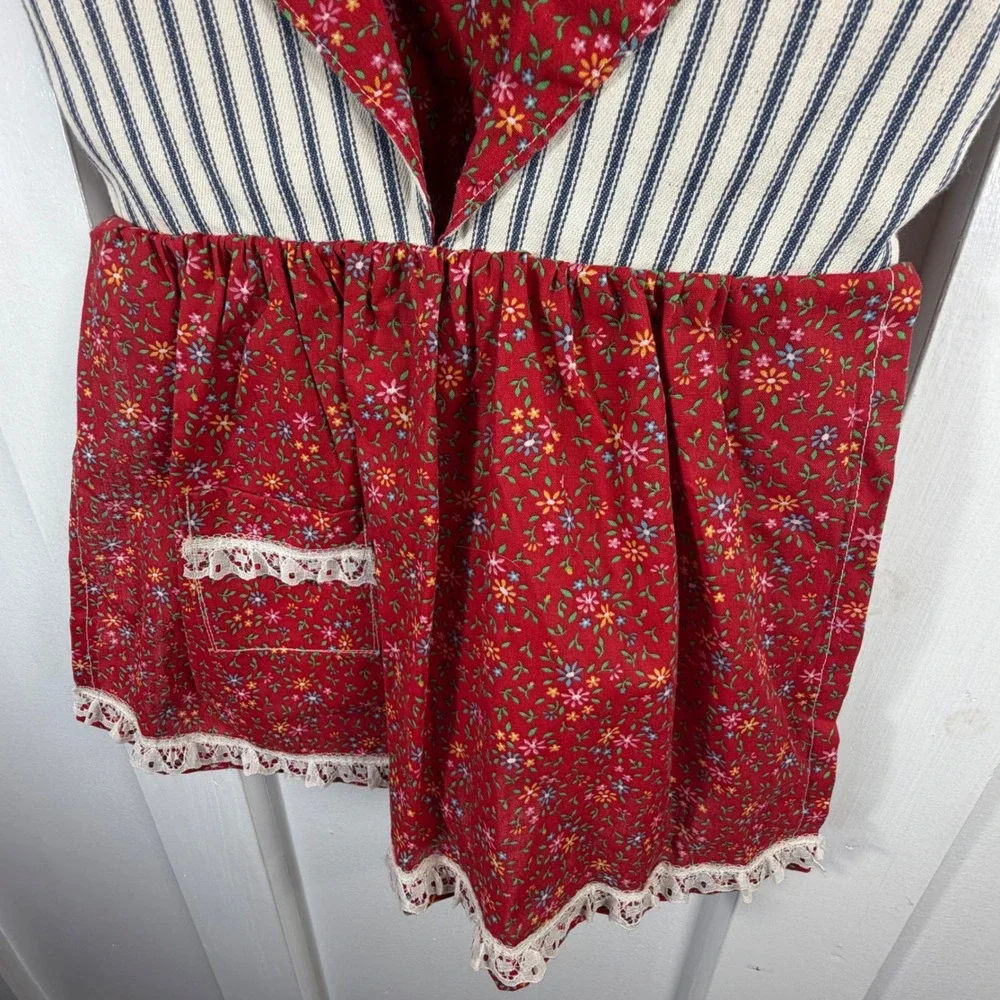 Handmade Vintage Style Clothespin Holder Apron Red Floral Ticking Stripe Lace